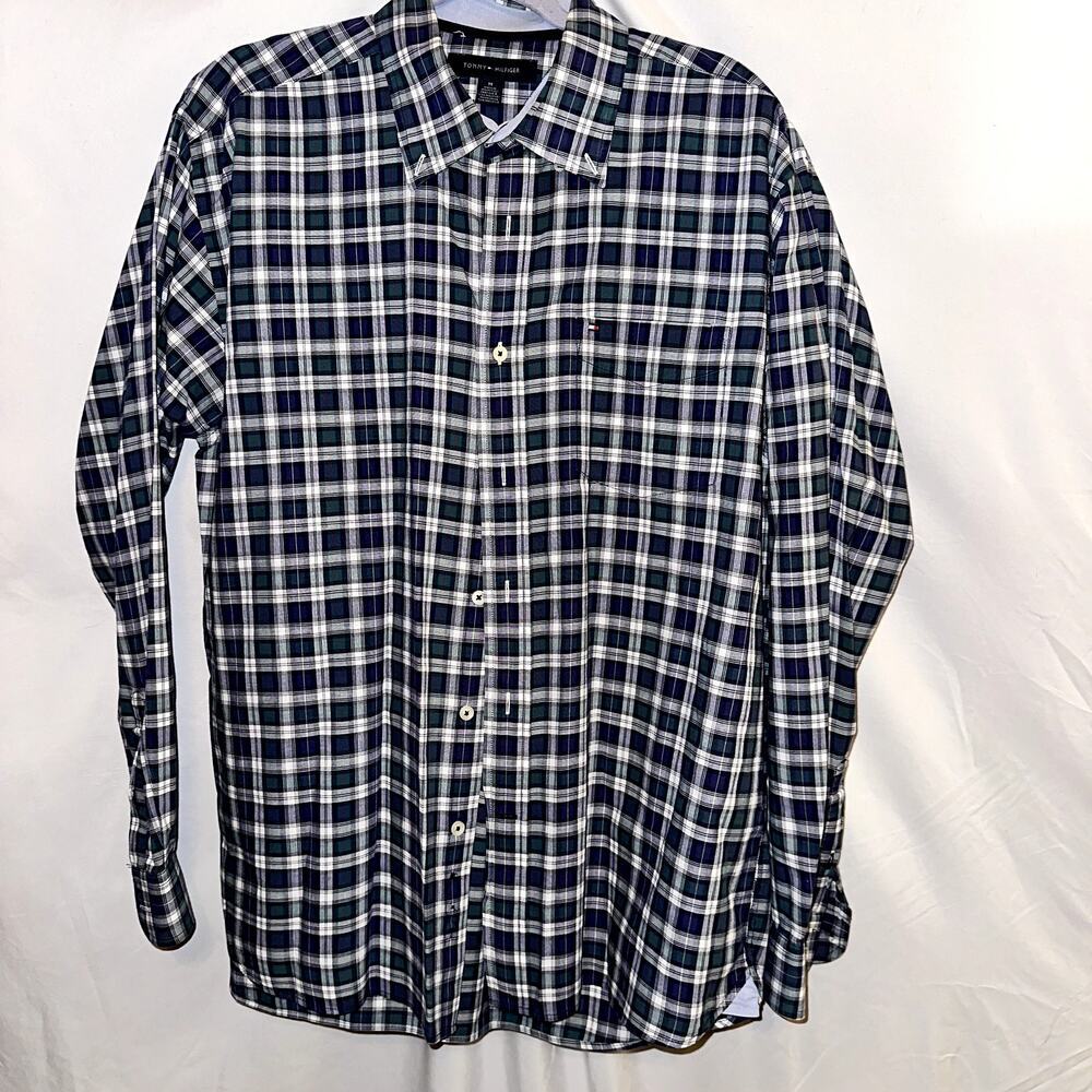 Tommy Hilfiger Button Down Shirt Size Medium Green Blue Checkered Long Sleeve